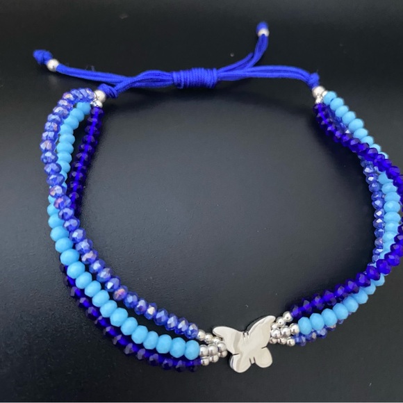 925 Sterling Silver Blue Thread  Butterfly Adjustable Three Layer Bracelet - Picture 12 of 13